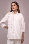 Samyukta Singhania_White Crepe Collared Hanging Hand Work Shirt And Pant Set _Online_at_Aza_Fashions