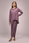 Naintara Bajaj_Purple Crepe Embroidery Collared Shirt And Pant Set _Online_at_Aza_Fashions