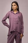 Shop_Naintara Bajaj_Purple Crepe Embroidery Collared Shirt And Pant Set _Online_at_Aza_Fashions