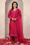 Buy_Anshu Wadhwa_Coral Chanderi, Organza Embroidery Round Neck Wine Kurta Set _at_Aza_Fashions