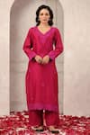 Anshu Wadhwa_Coral Chanderi, Organza Embroidery Round Neck Wine Kurta Set _at_Aza_Fashions
