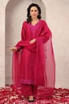 Buy_Anshu Wadhwa_Coral Chanderi, Organza Embroidery Round Neck Wine Kurta Set 