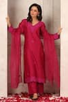 Anshu Wadhwa_Wine Chanderi Embroidery V-neck Kurta Pant Set _Online_at_Aza_Fashions