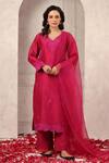 Buy_Anshu Wadhwa_Wine Chanderi Embroidery V-neck Kurta Pant Set _Online_at_Aza_Fashions