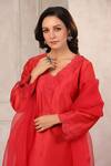 Anshu Wadhwa_Red Chanderi, Organza Embroidery V-neck Kurta Set With Dupatta _Online_at_Aza_Fashions