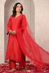 Buy_Anshu Wadhwa_Red Chanderi Embroidery V-neck Kurta Pant Set _Online_at_Aza_Fashions