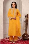 Buy_Anshu Wadhwa_Yellow Chanderi, Organza Embroidery Round Neck Kurta Set 