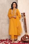 Shop_Anshu Wadhwa_Yellow Chanderi, Tissue Embroidery Round Neck Kurta Pant Set 