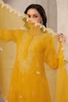 Shop_Anshu Wadhwa_Yellow Chanderi, Organza Embroidery Round Neck Kurta Set _Online_at_Aza_Fashions