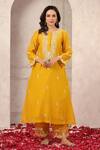 Buy_Anshu Wadhwa_Yellow Chanderi, Organza Embroidery Round Neck Kurta Set 