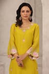 Buy_Anshu Wadhwa_Yellow Chanderi, Organza Embroidery Round Neck Kurta Set _Online_at_Aza_Fashions