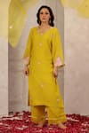 Shop_Anshu Wadhwa_Yellow Chanderi, Organza Embroidery Round Neck Kurta Set _at_Aza_Fashions