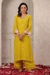 Buy_Anshu Wadhwa_Yellow Chanderi, Organza Embroidery Round Neck Kurta Set _at_Aza_Fashions