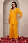 Shop_Anshu Wadhwa_Yellow Chanderi Embroidery V-neck Kurta Pant Set _Online_at_Aza_Fashions