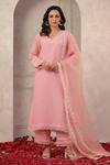 Buy_Anshu Wadhwa_Pink Chanderi, Organza Lace V-neck Kurta Set With Dupatta _at_Aza_Fashions