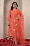 Buy_Anshu Wadhwa_Peach Chanderi, Organza Embroidery Round Neck Kurta Set _at_Aza_Fashions