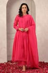 Buy_Anshu Wadhwa_Pink Chanderi, Organza Embroidery Round Neck Kurta Pant Dupatta Set _at_Aza_Fashions