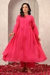 Shop_Anshu Wadhwa_Pink Chanderi, Organza Embroidery Round Neck Kurta Pant Dupatta Set _Online_at_Aza_Fashions