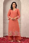 Shop_Anshu Wadhwa_Peach Chanderi, Organza Embroidery V-neck Kurta Set _Online_at_Aza_Fashions