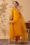 Buy_Anshu Wadhwa_Yellow Chanderi, Organza Embroidery V-neck Kurta Set _Online_at_Aza_Fashions