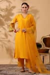 Buy_Anshu Wadhwa_Yellow Chanderi, Organza Embroidery V-neck Kurta Set _at_Aza_Fashions