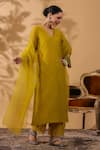 Anshu Wadhwa_Green Chanderi, Organza Embroidery V-neck Kurta Set _Online_at_Aza_Fashions