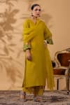 Anshu Wadhwa_Green Chanderi, Organza Embroidery V-neck Kurta Set _Online