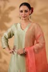 Anshu Wadhwa_Green Chanderi, Organza Embroidery V-neck Kurta Sharara Set _Online_at_Aza_Fashions