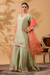 Anshu Wadhwa_Green Chanderi, Organza Embroidery V-neck Kurta Sharara Set _at_Aza_Fashions