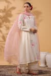 Anshu Wadhwa_Ivory Chanderi, Organza Embroidery Keyhole Neck Pink And Kurta Set _at_Aza_Fashions