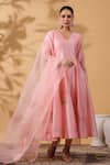 Buy_Anshu Wadhwa_Pink Chanderi, Organza Embroidery V-neck Anarkali Set _at_Aza_Fashions