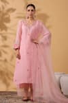 Buy_Anshu Wadhwa_Pink Chanderi, Organza Embroidery V-neck Kurta Set _at_Aza_Fashions