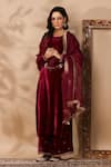 Buy_Anshu Wadhwa_Maroon Velvet Round Neck Designer Kurta Set _Online_at_Aza_Fashions