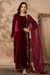 Buy_Anshu Wadhwa_Maroon Velvet Round Neck Designer Kurta Set _at_Aza_Fashions
