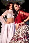 Shop_Rashika Sharma_Maroon Net, Silk Pearls Sweetheart Neck Saanjh Printed Lehenga Set _Online_at_Aza_Fashions