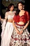 Shop_Rashika Sharma_Maroon Net, Silk Pearls Sweetheart Neck Saanjh Printed Lehenga Set 