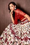 Buy_Rashika Sharma_Maroon Net, Silk Pearls Sweetheart Neck Saanjh Printed Lehenga Set _Online