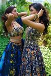 Rashika Sharma_Blue Georgette, Organza Embroidery Round Neck Marble Printed Lehenga Set _Online