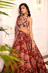 Shop_Rashika Sharma_Maroon Net, Georgette Mirrors, Zari, Embroidery Round Neck Hand Lehenga Set _Online_at_Aza_Fashions
