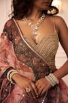 Shop_Rashika Sharma_Peach Net, Organza Zari, Mirrors, Cut Work, Embroidery Plunge Hand Lehenga Set 