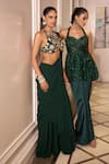 Rashika Sharma_Green Net, Georgette Embroidery, Mirrors, Zari Round Neck Hand Drape Saree Set _Online_at_Aza_Fashions