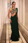 Buy_Rashika Sharma_Green Net, Georgette Embroidery, Mirrors, Zari Round Neck Hand Drape Saree Set _at_Aza_Fashions