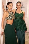 Shop_Rashika Sharma_Green Net, Georgette Embroidery, Mirrors, Zari Round Neck Hand Drape Saree Set _Online_at_Aza_Fashions