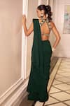 Shop_Rashika Sharma_Green Net, Georgette Embroidery, Mirrors, Zari Round Neck Hand Drape Saree Set _at_Aza_Fashions