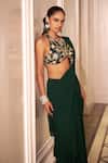 Buy_Rashika Sharma_Green Net, Georgette Embroidery, Mirrors, Zari Round Neck Hand Drape Saree Set 