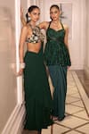 Rashika Sharma_Green Net, Satin Mirrors, Crystals, Embroidery Peplum Kurta And Draped Skirt Set _Online_at_Aza_Fashions
