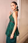 Buy_Rashika Sharma_Green Net, Satin Mirrors, Crystals, Embroidery Peplum Kurta And Draped Skirt Set _Online_at_Aza_Fashions