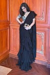 Shop_Rashika Sharma_Black Net, Chiffon Beads, Zari, Embroidery Round Neck Ruffle Saree Set _at_Aza_Fashions