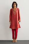 RI.Ritu Kumar_Red Silk, Viscose, Satin, Lycra Embroidery Split Designer Ziba Kurta And Pant Set _Online_at_Aza_Fashions