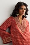 RI.Ritu Kumar_Red Silk, Viscose, Satin, Lycra Embroidery Split Designer Ziba Kurta And Pant Set _at_Aza_Fashions